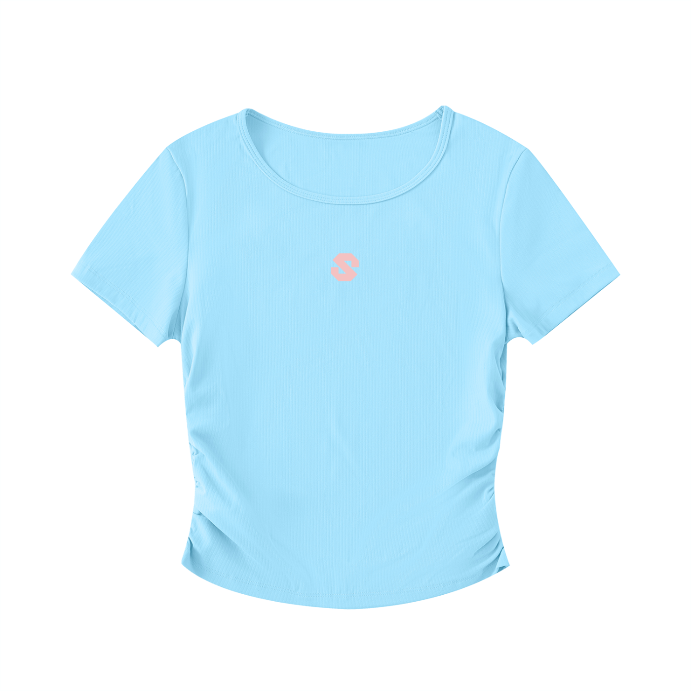 Light blue t-shirt with a small logo on a white background