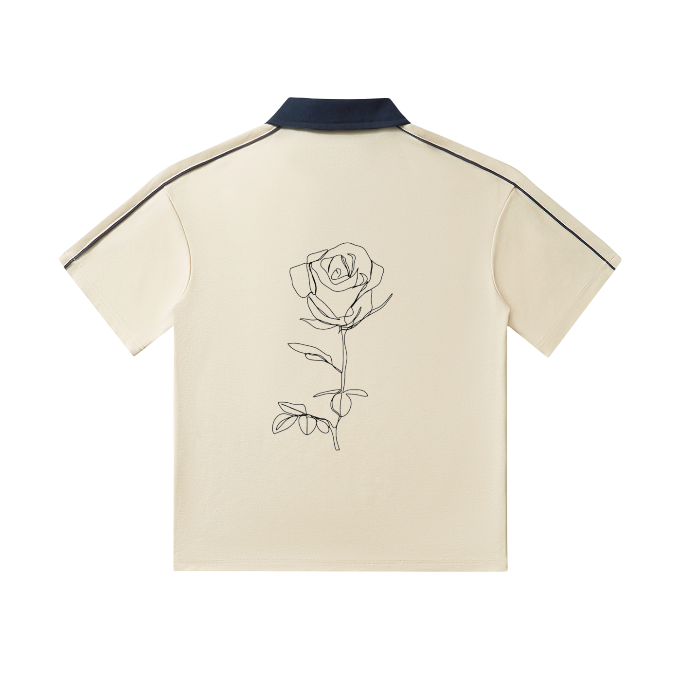 Beige shirt with a black rose design on the back against a white background
