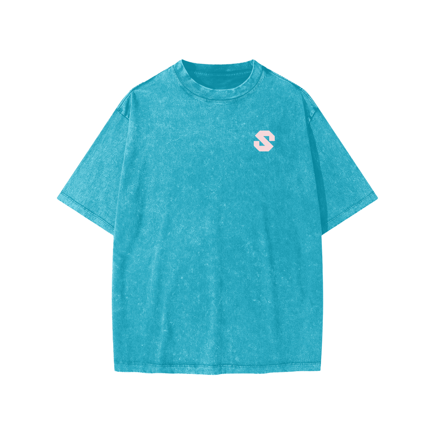Blue t-shirt with a small logo on a white background