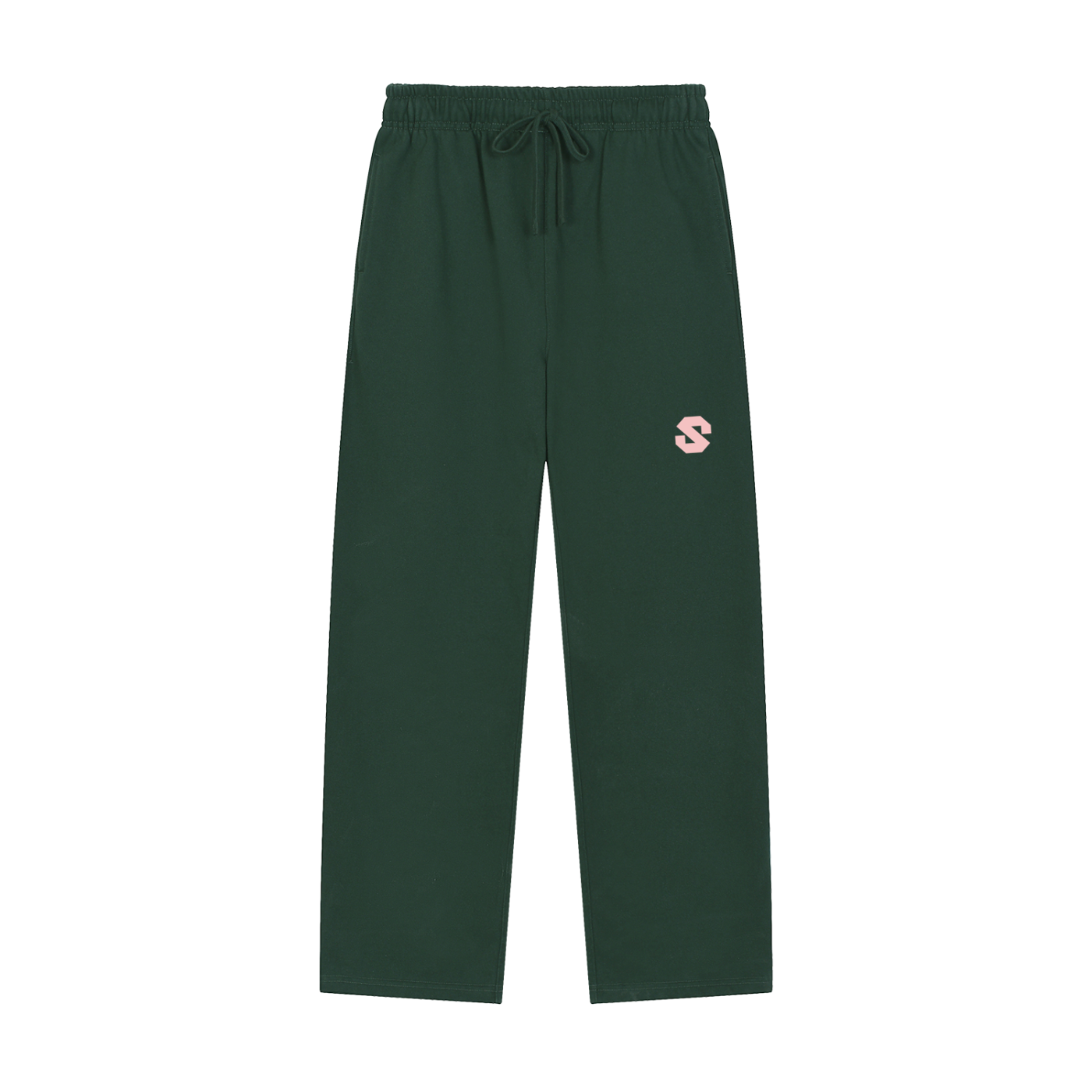 Green pants with a small logo on a white background