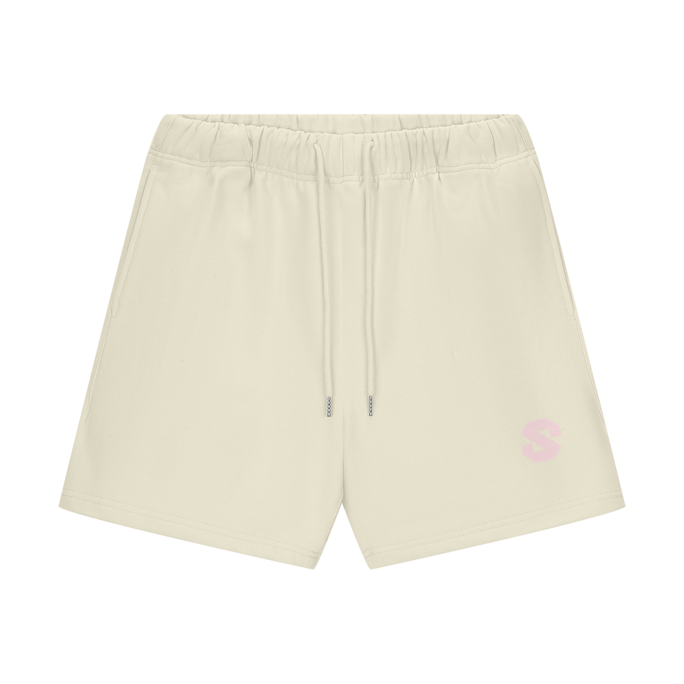 Beige shorts with a pink logo on a white background
