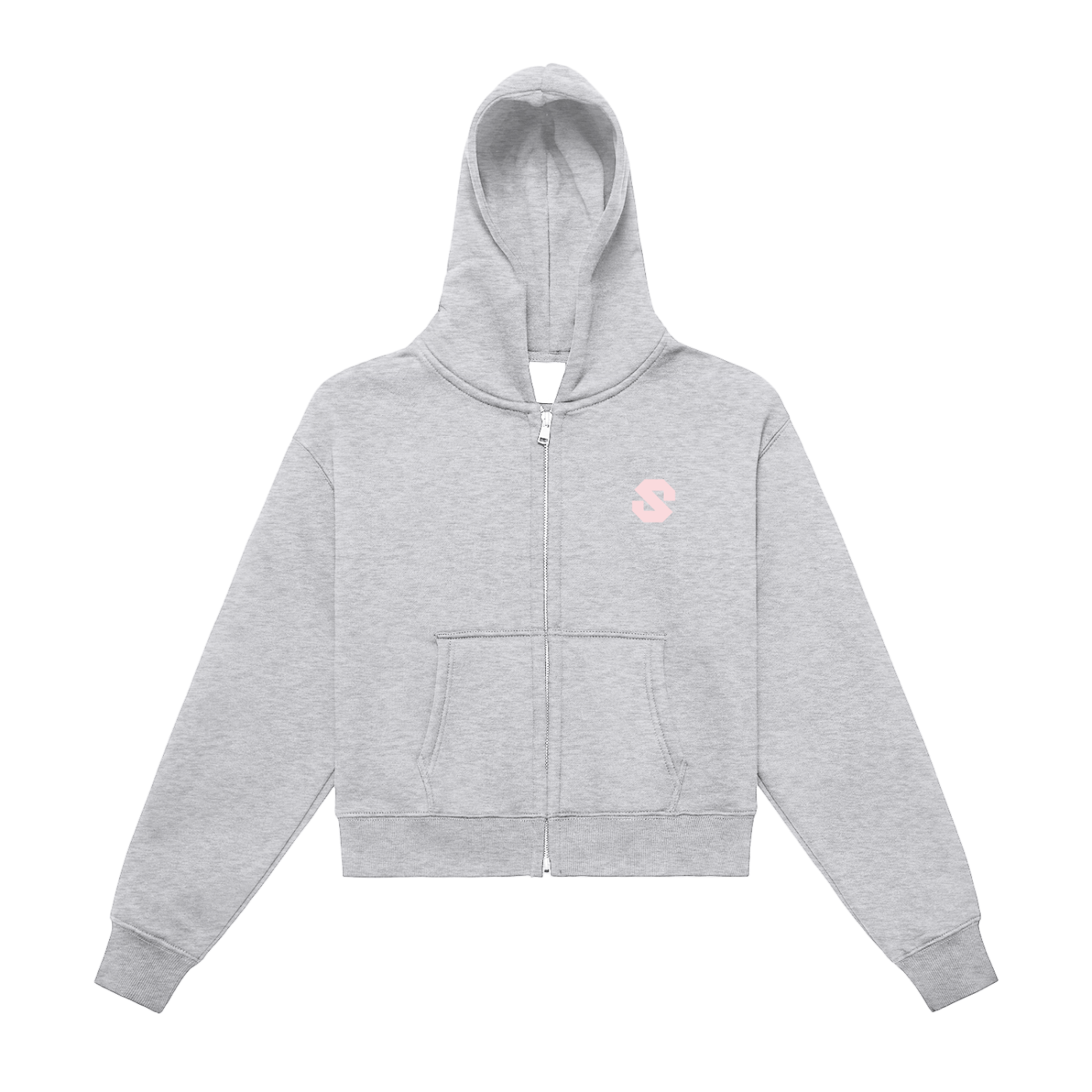 Gray hoodie with a small pink logo on a white background