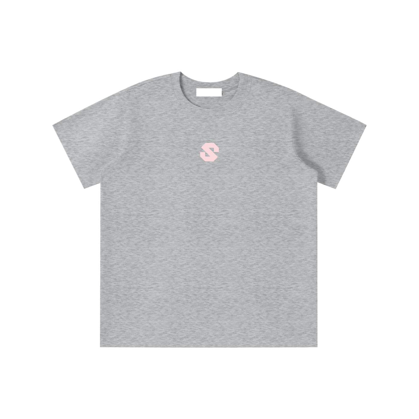 Gray t-shirt with a pink logo on a white background