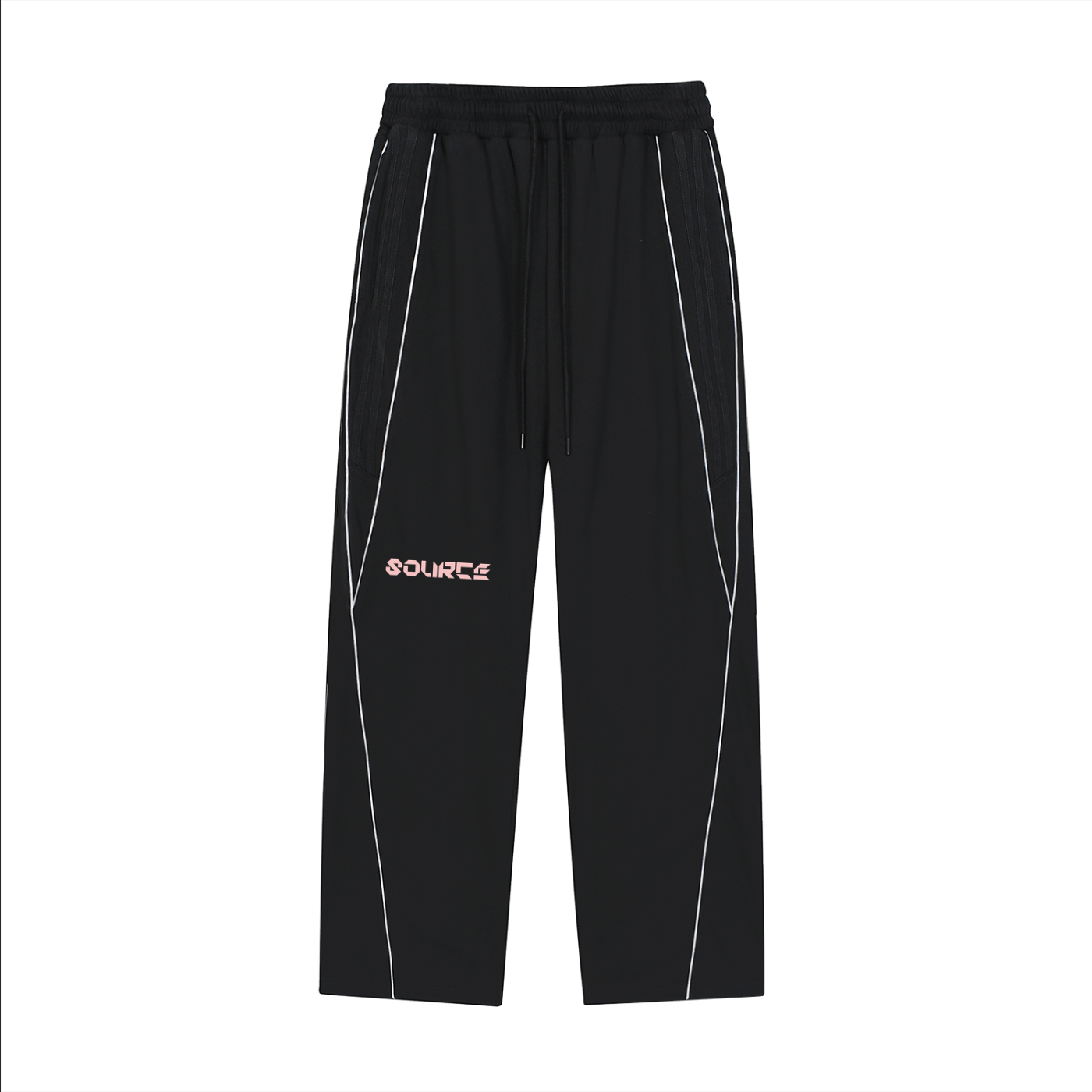 Black pants with white accents and 'SOURCE' branding on a white background