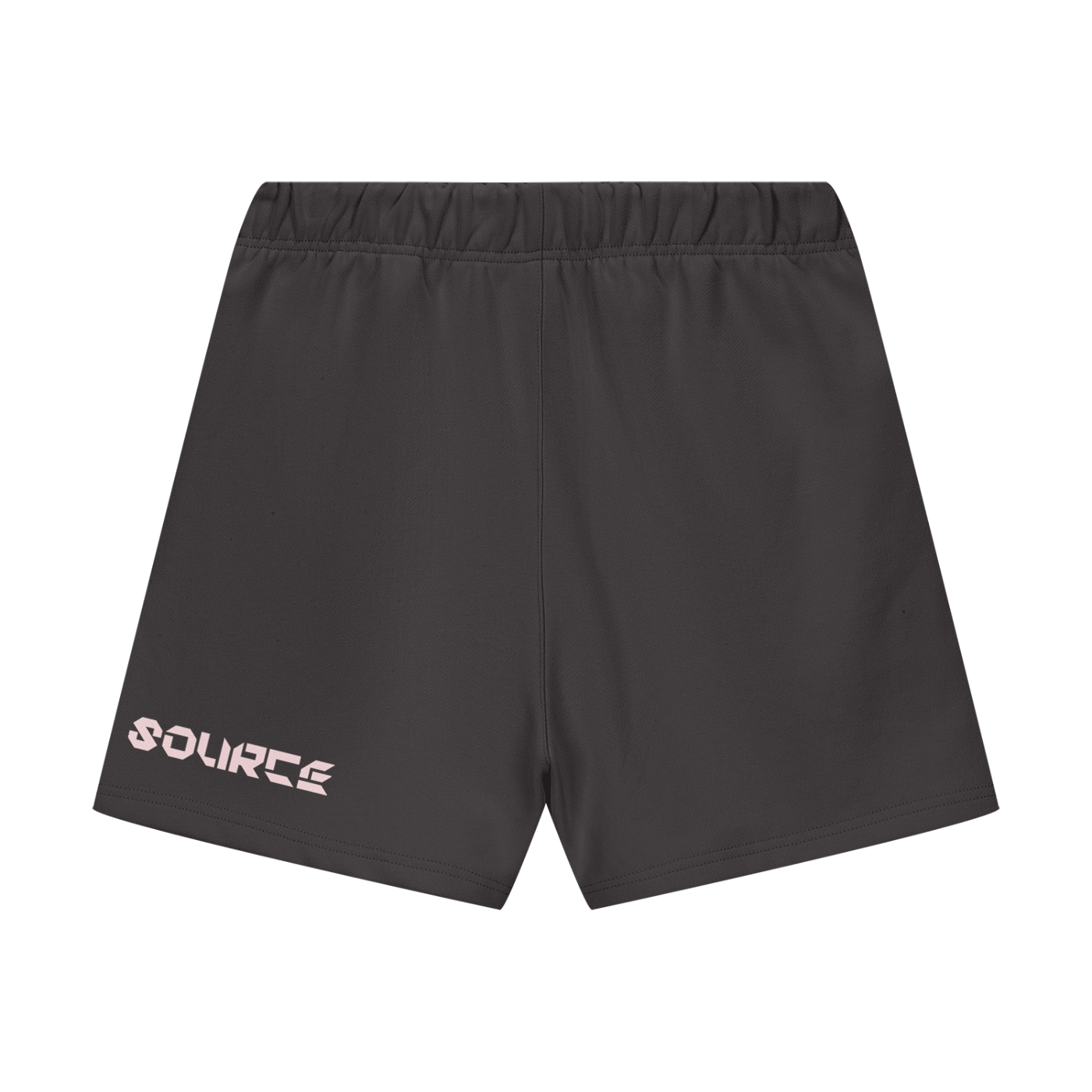 Beige shorts with a brand logo on a white background