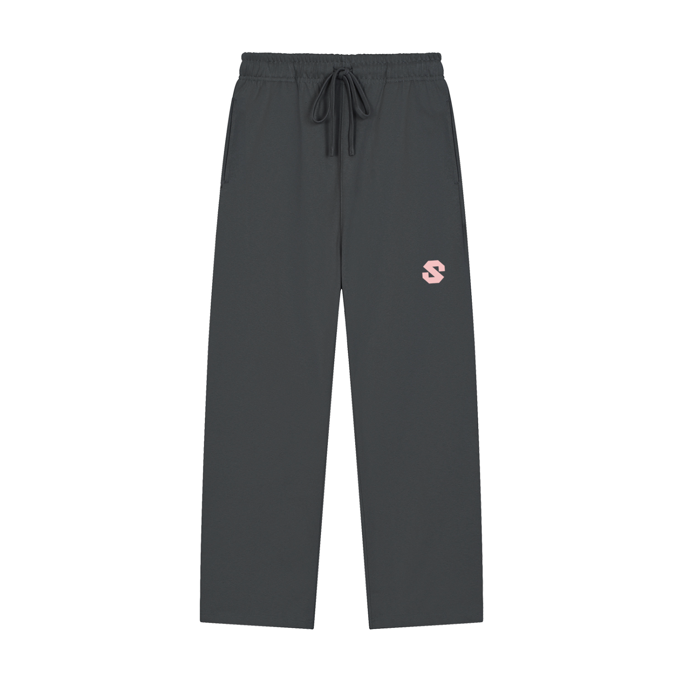 Dark gray sweatpants with a small pink logo on a white background