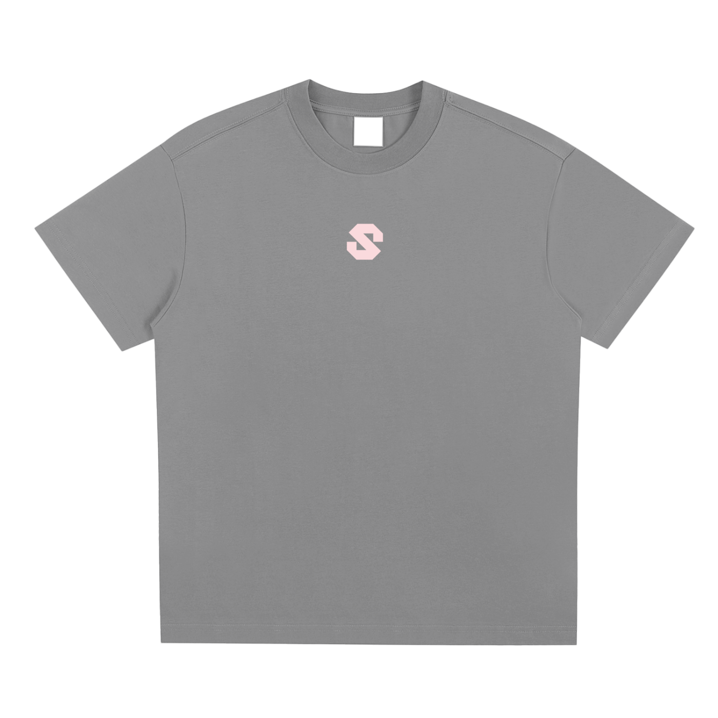 Gray t-shirt with a pink logo on a white background