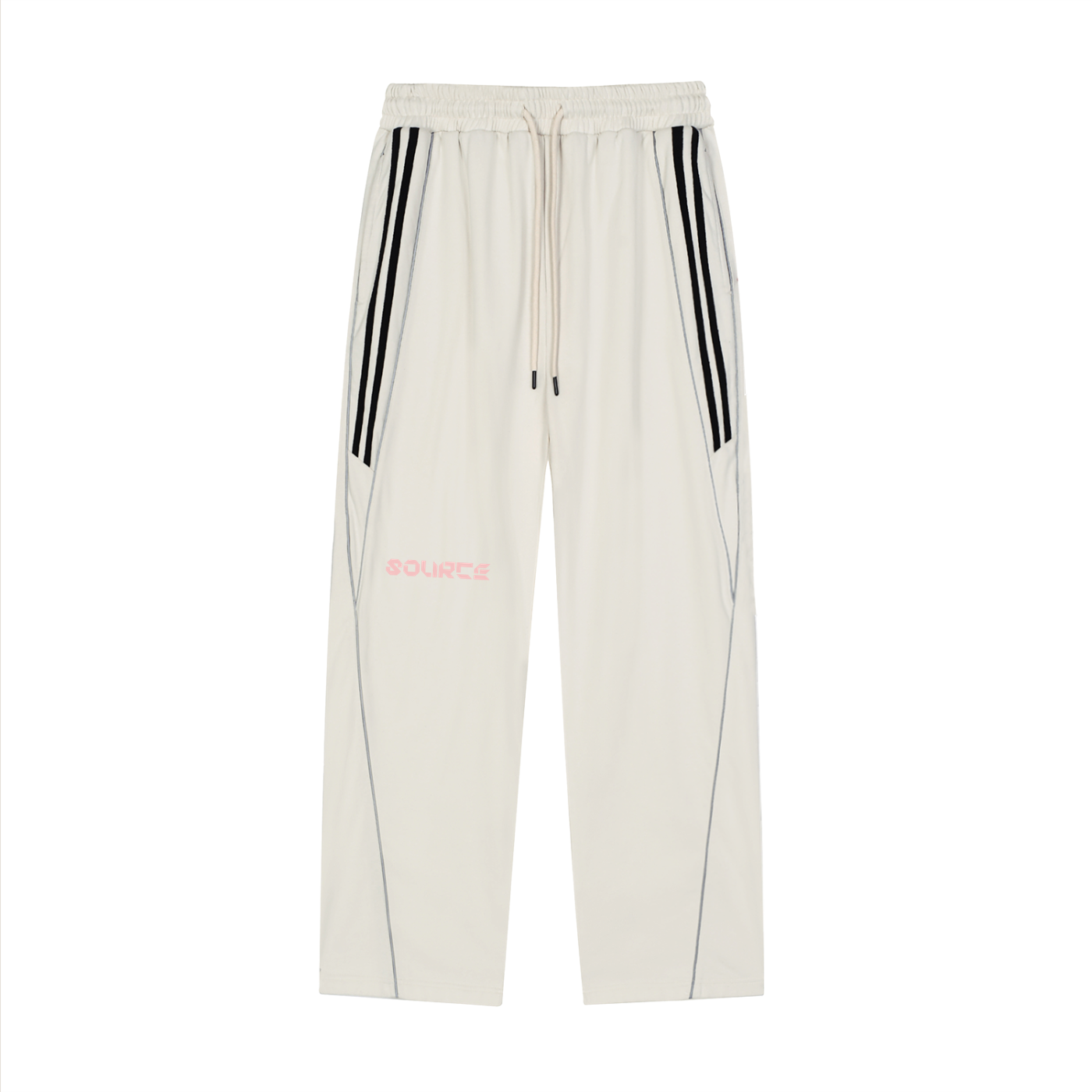 White pants with black stripes on a white background