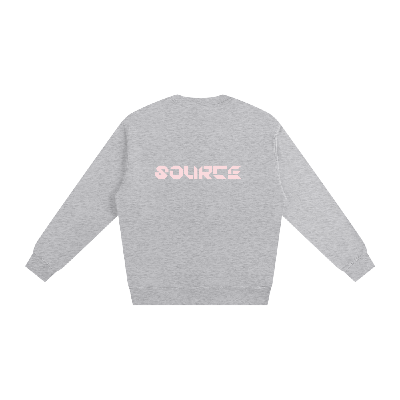 Gray sweatshirt with pink 'SOURCE' text on a white background