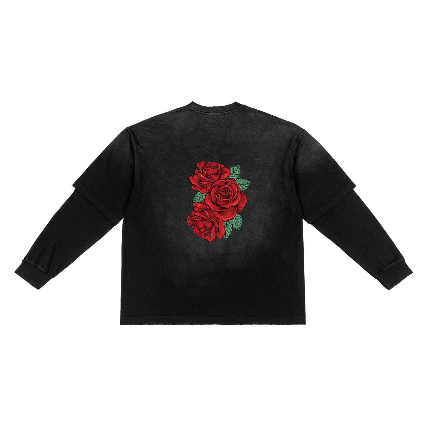 Black sweatshirt with red rose design on the back against a white background