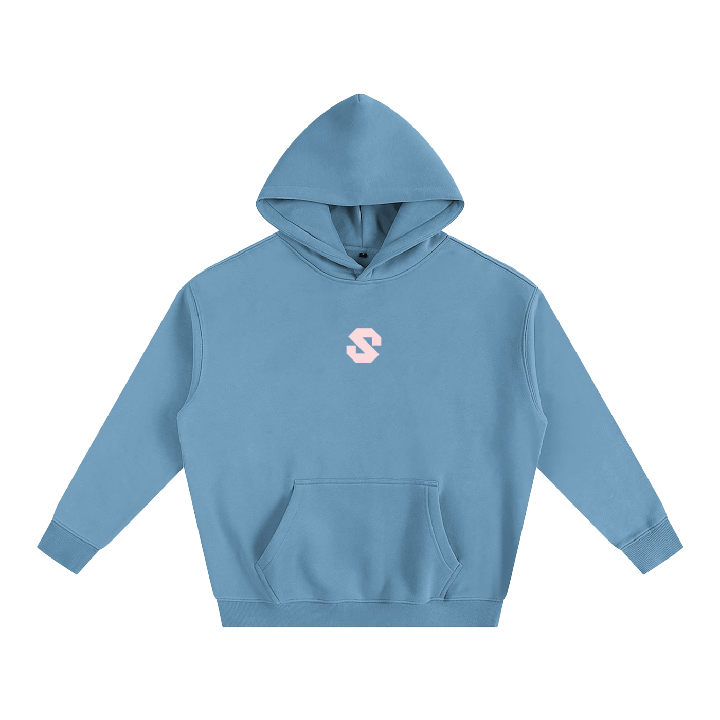 Blue hoodie with a small logo on a white background