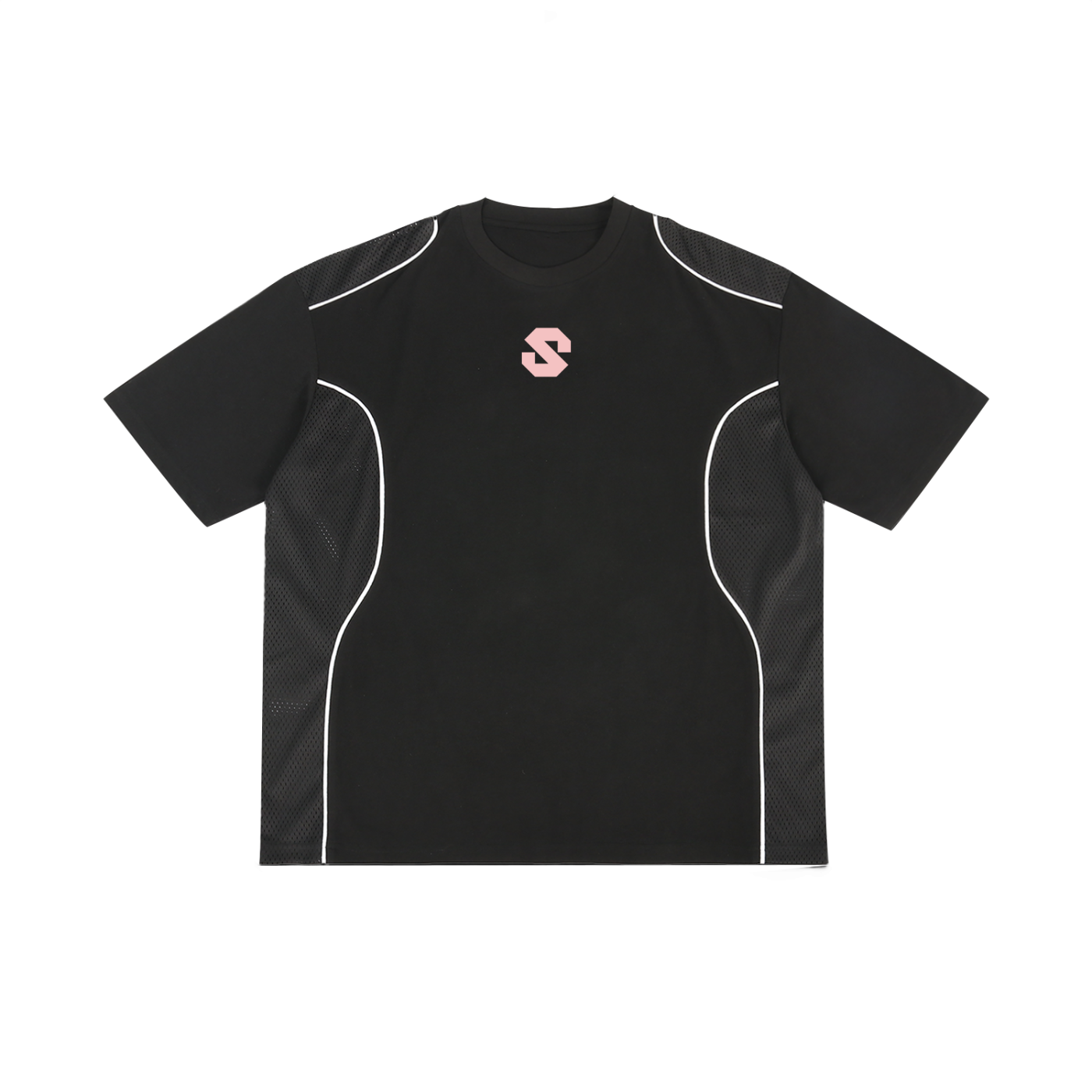 Black athletic shirt with a pink logo on a white background