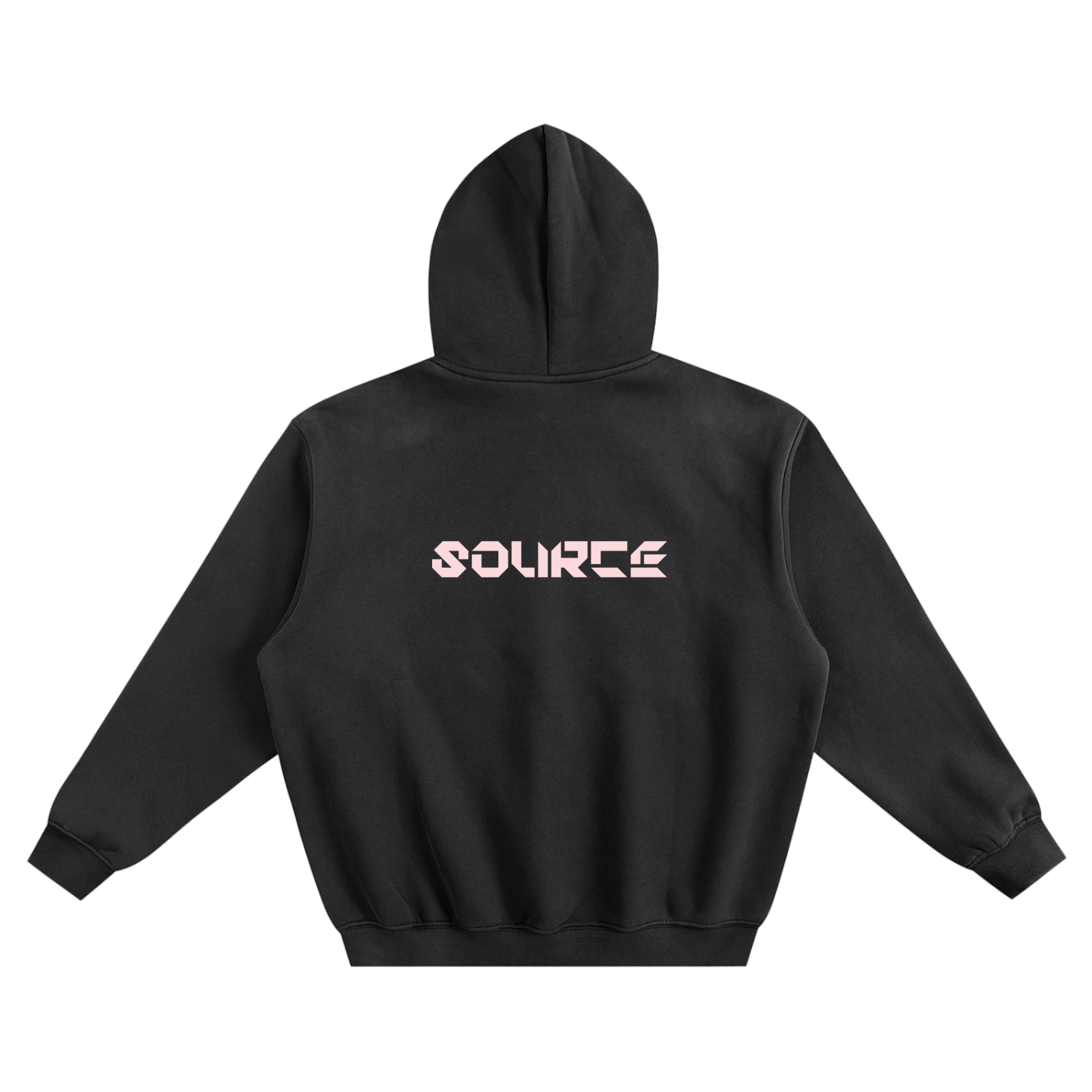 Black hoodie with 'SOURCE' logo on the back against a white background
