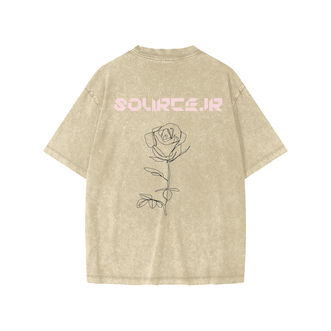 Beige t-shirt with a rose graphic and 'SOURCES.JR' text on the back against a white background