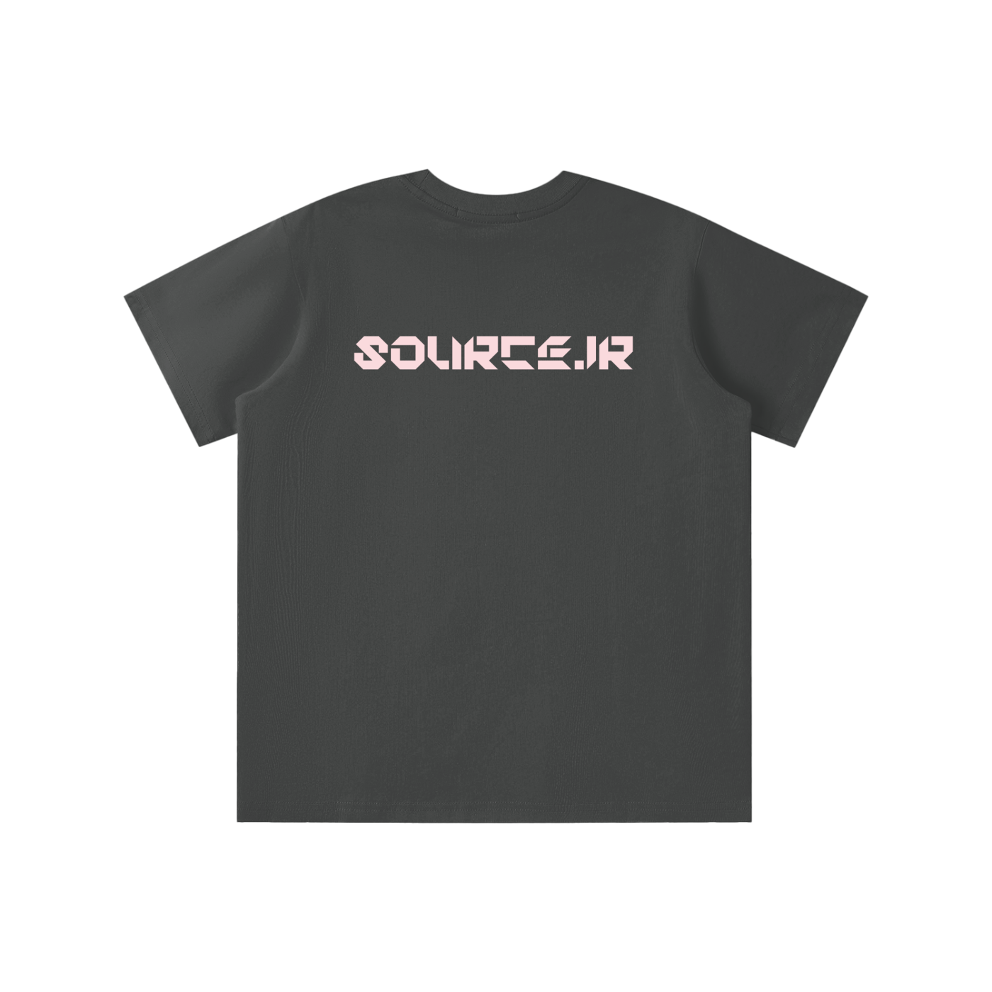 Black t-shirt with 'SOURCE.JR' printed on the back against a white background