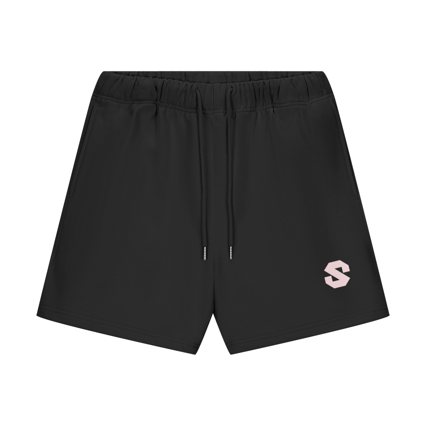 Black shorts with a small logo on a white background