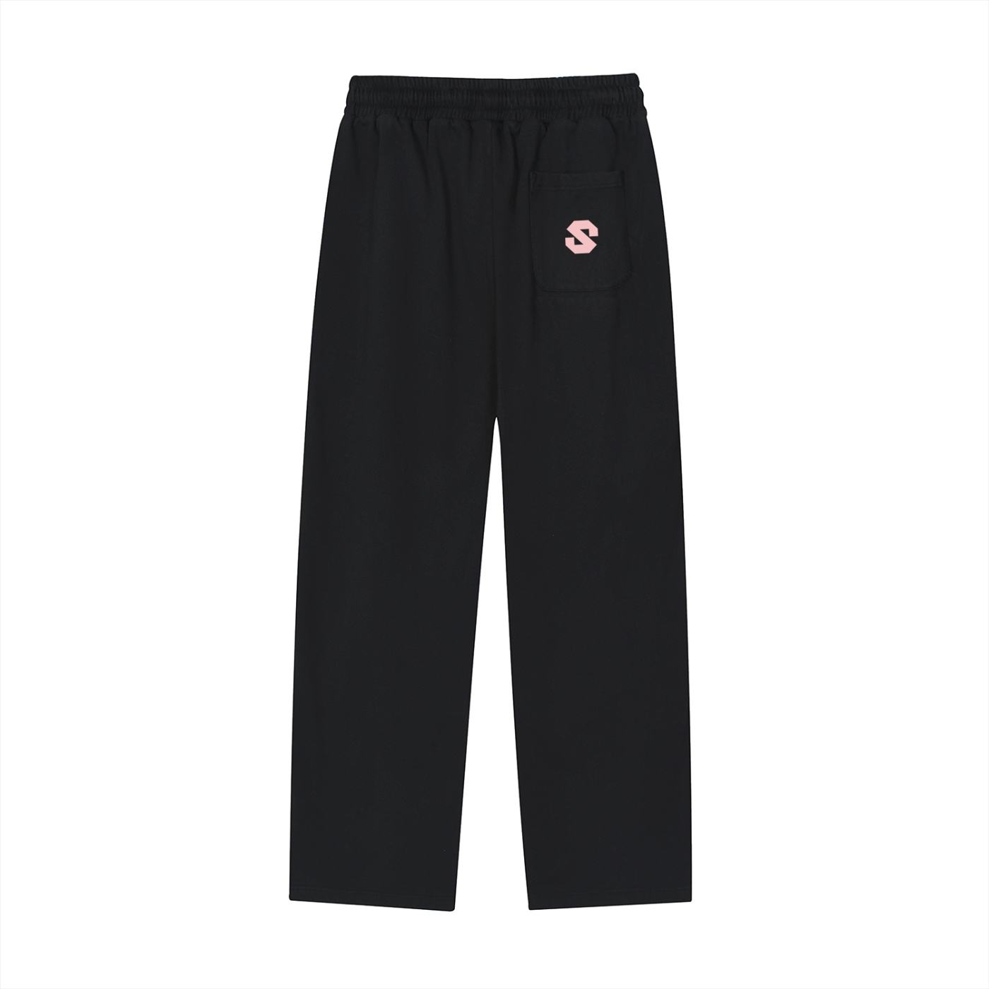Black pants with a small logo on a white background