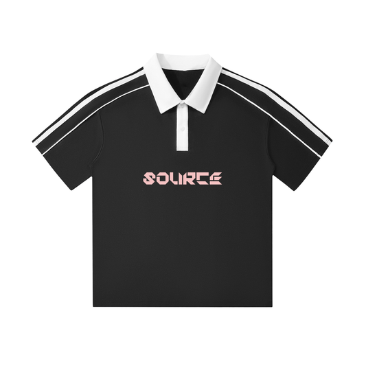 Black polo shirt with white collar and sleeves, featuring 'SOURCER' logo on a white background