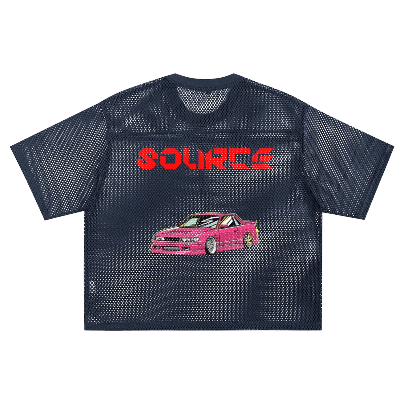 Black mesh t-shirt with red 'SOURCE' logo and pink car graphic on a white background