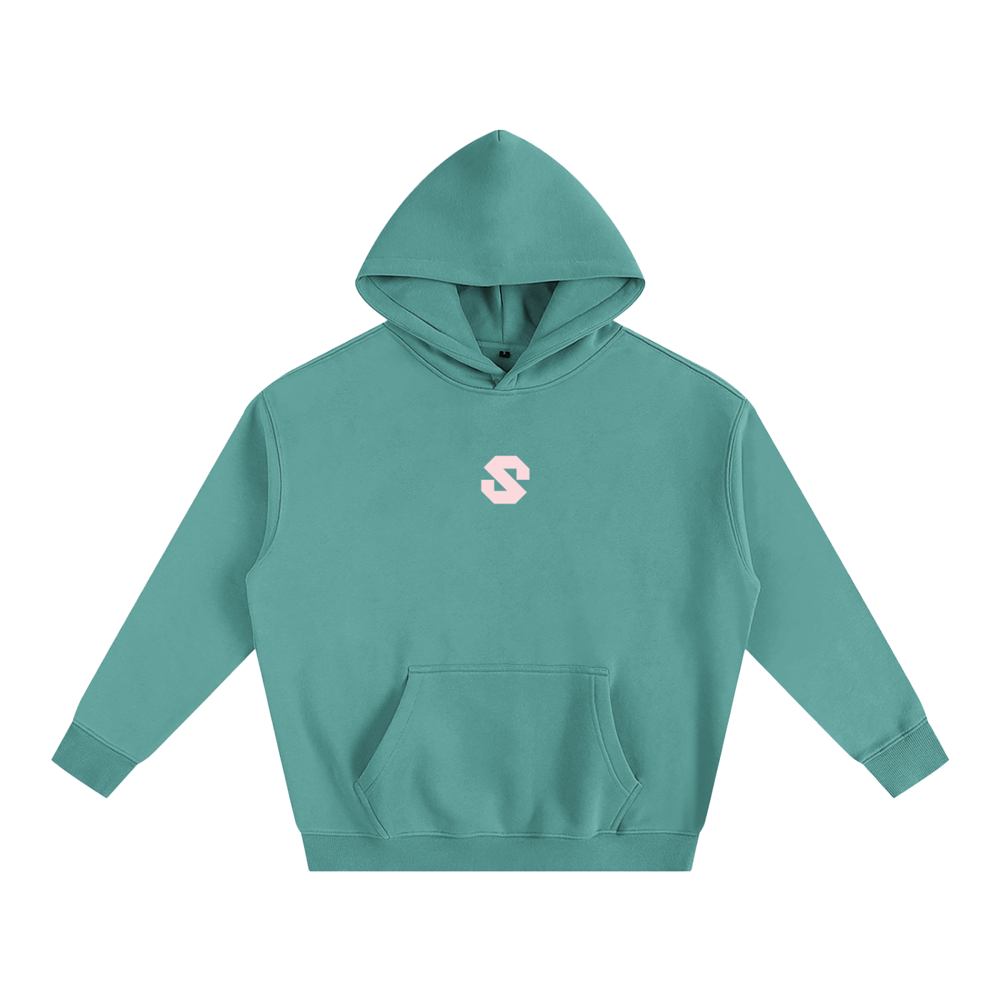 Teal hoodie with a small logo on a white background