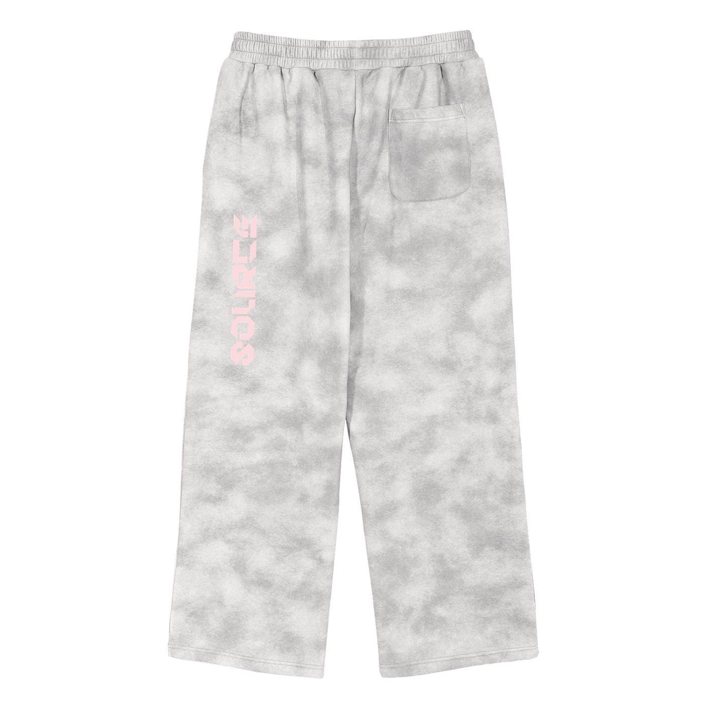 Gray tie-dye sweatpants with pink text on a white background
