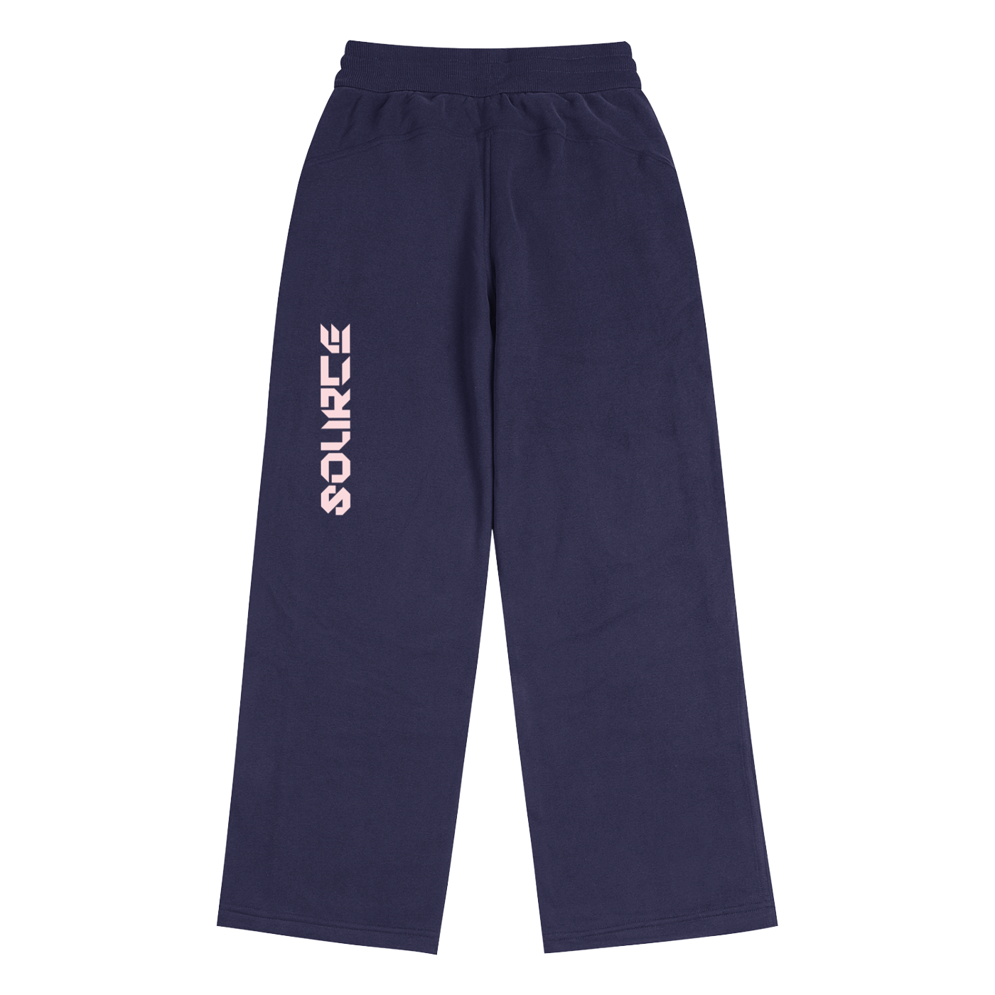 Navy blue pants with a white logo on a white background