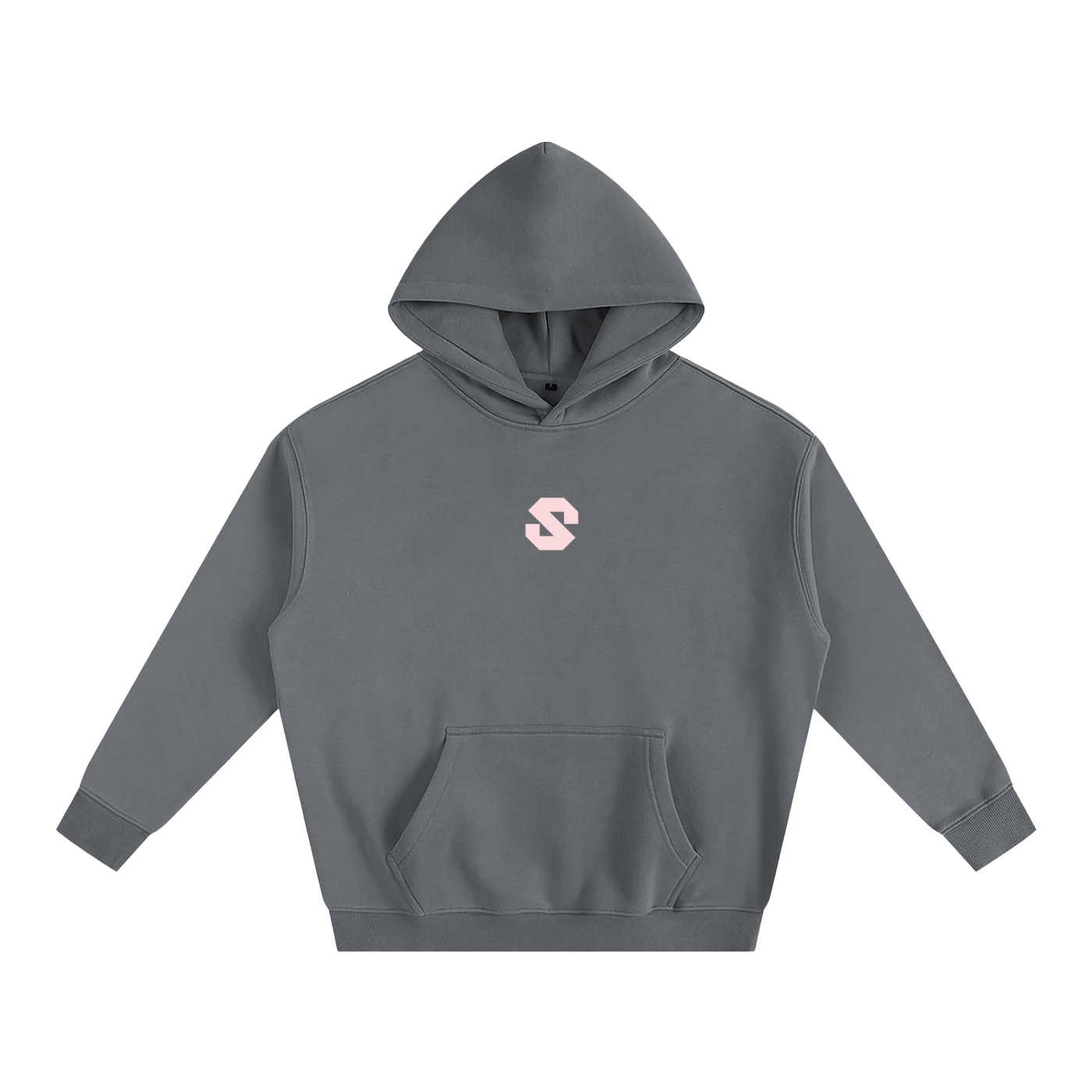 Gray hoodie with a small logo on a white background