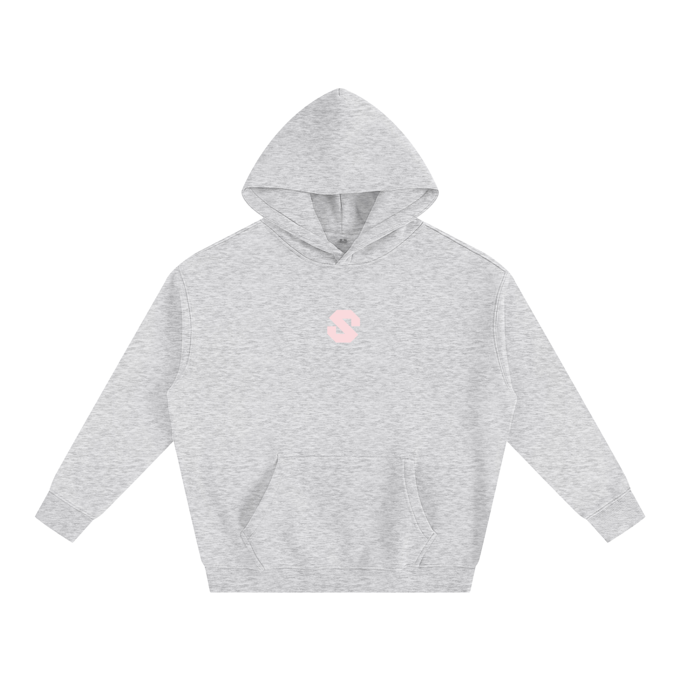 Gray hoodie with a pink logo on a white background