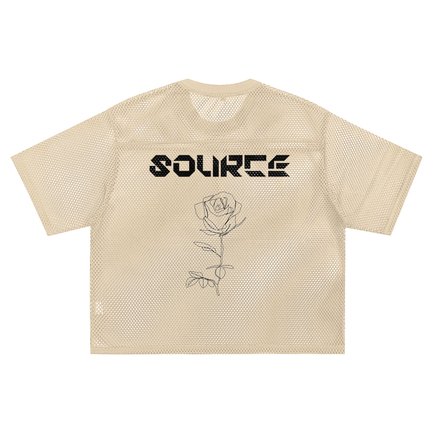Beige t-shirt with 'SOURCE' text and rose graphic on a white background