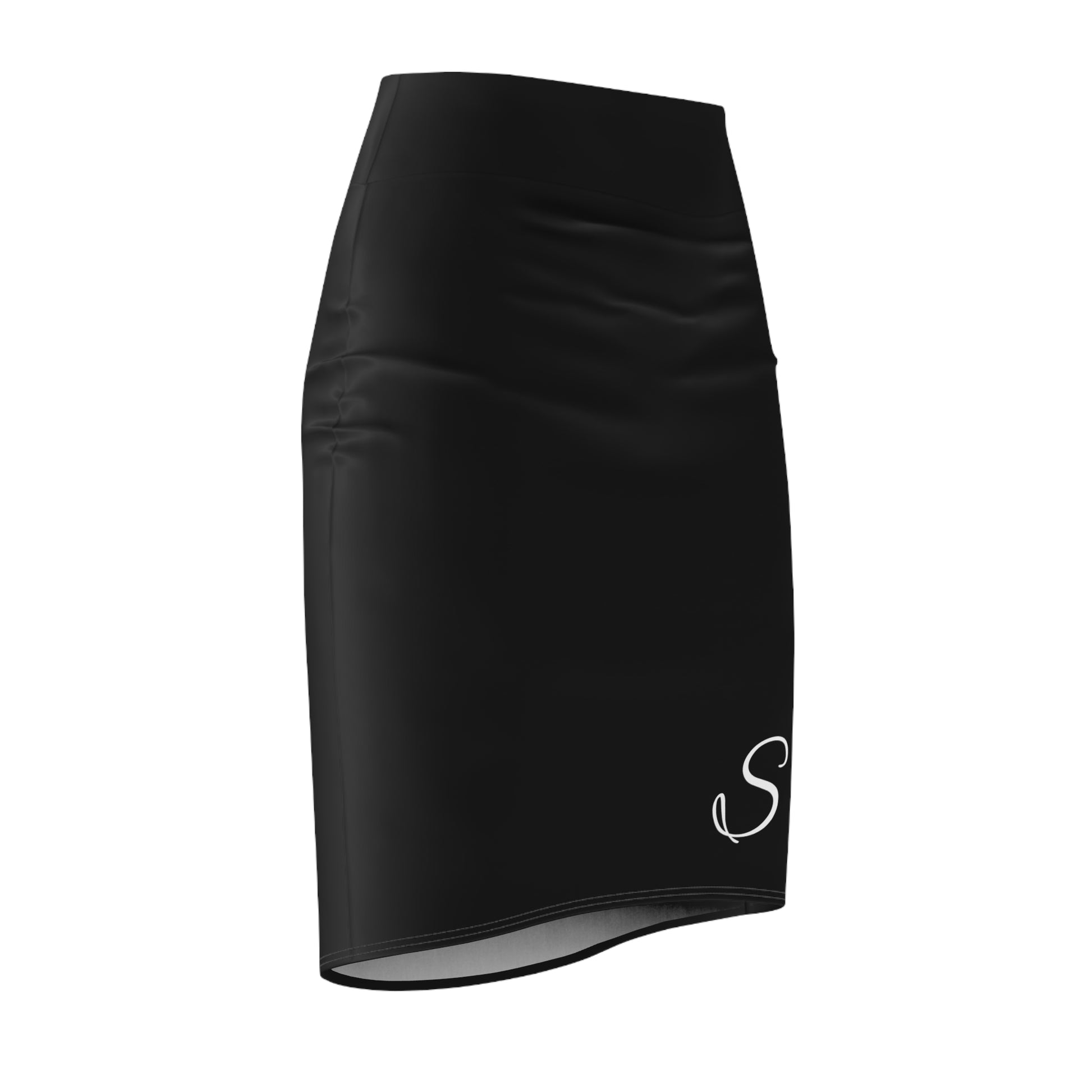 Black skirt with a white logo on a white background