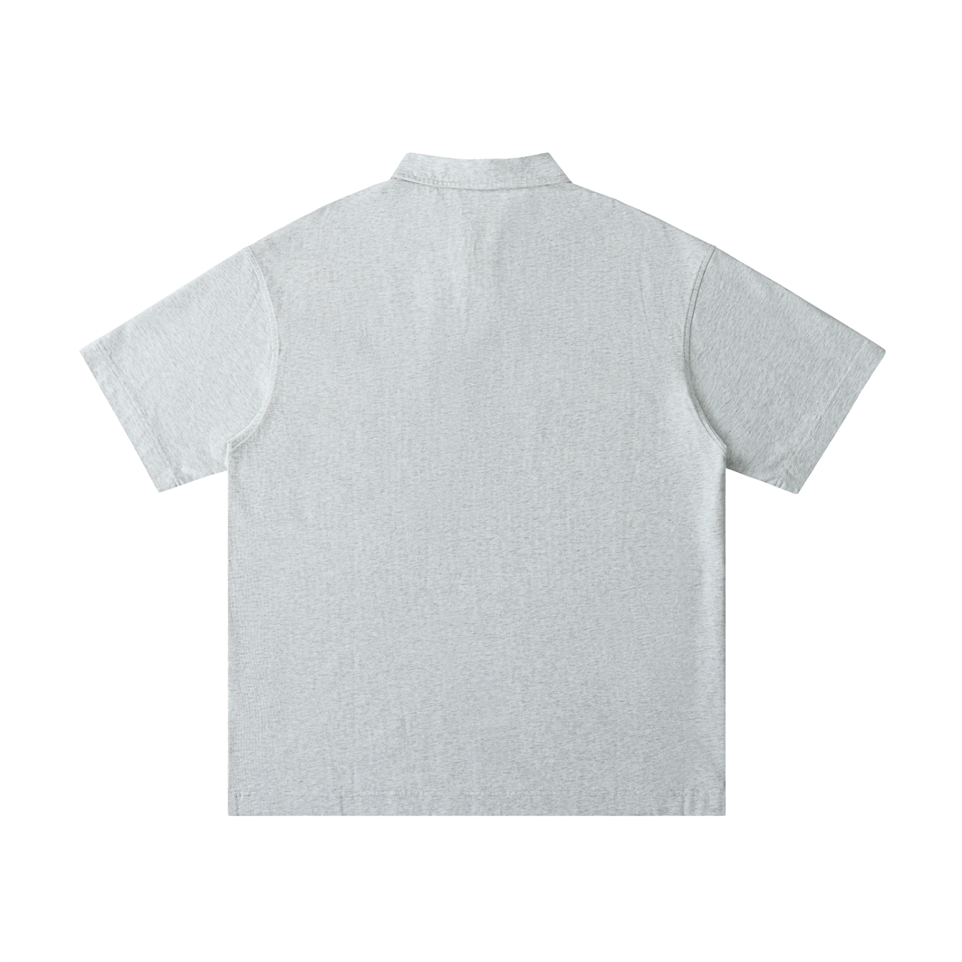 Back view of a light gray polo shirt on a white background