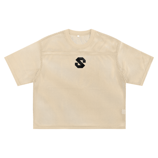 Beige mesh t-shirt with a black logo on a white background