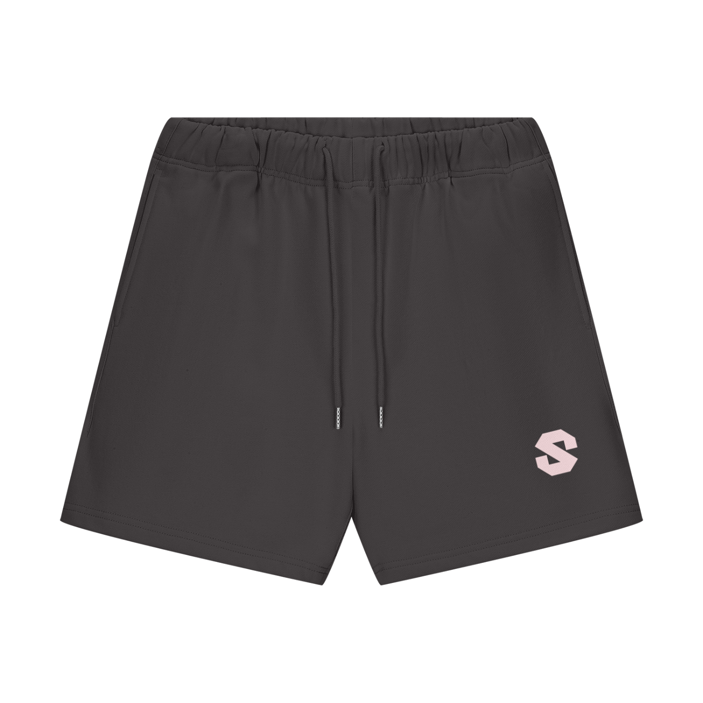 Black shorts with a small logo on a white background