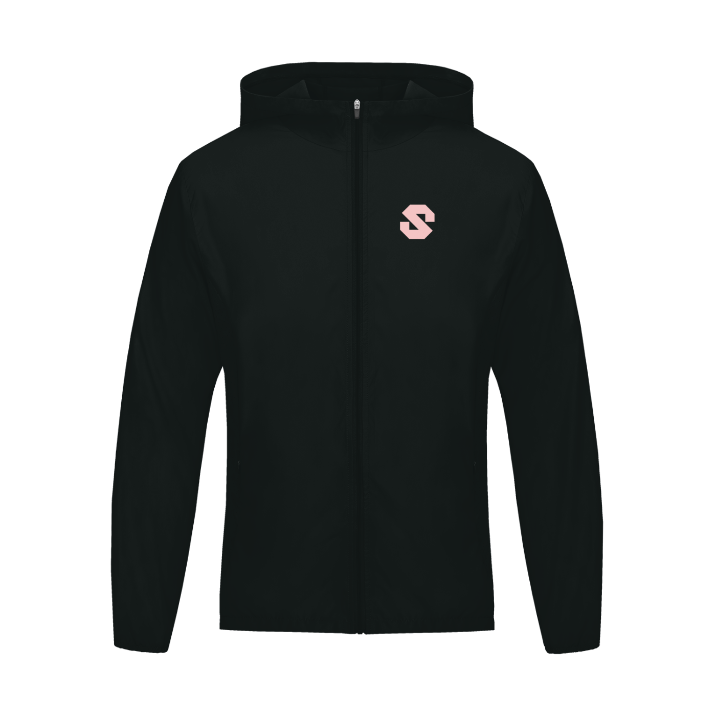 Black hoodie with a small pink logo on a white background