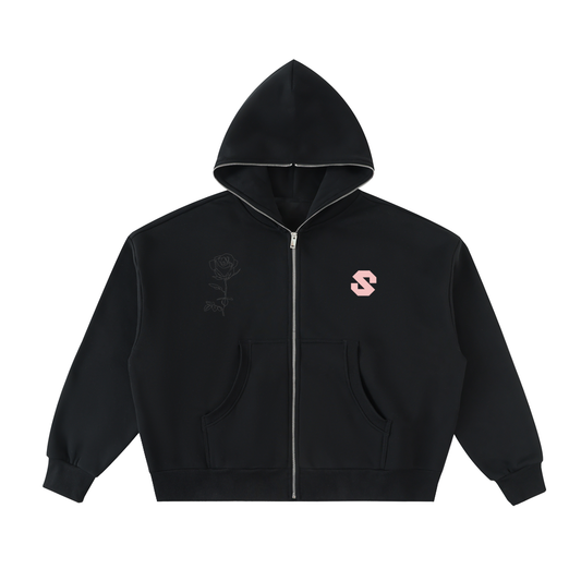 Black hoodie with a pink logo on a white background