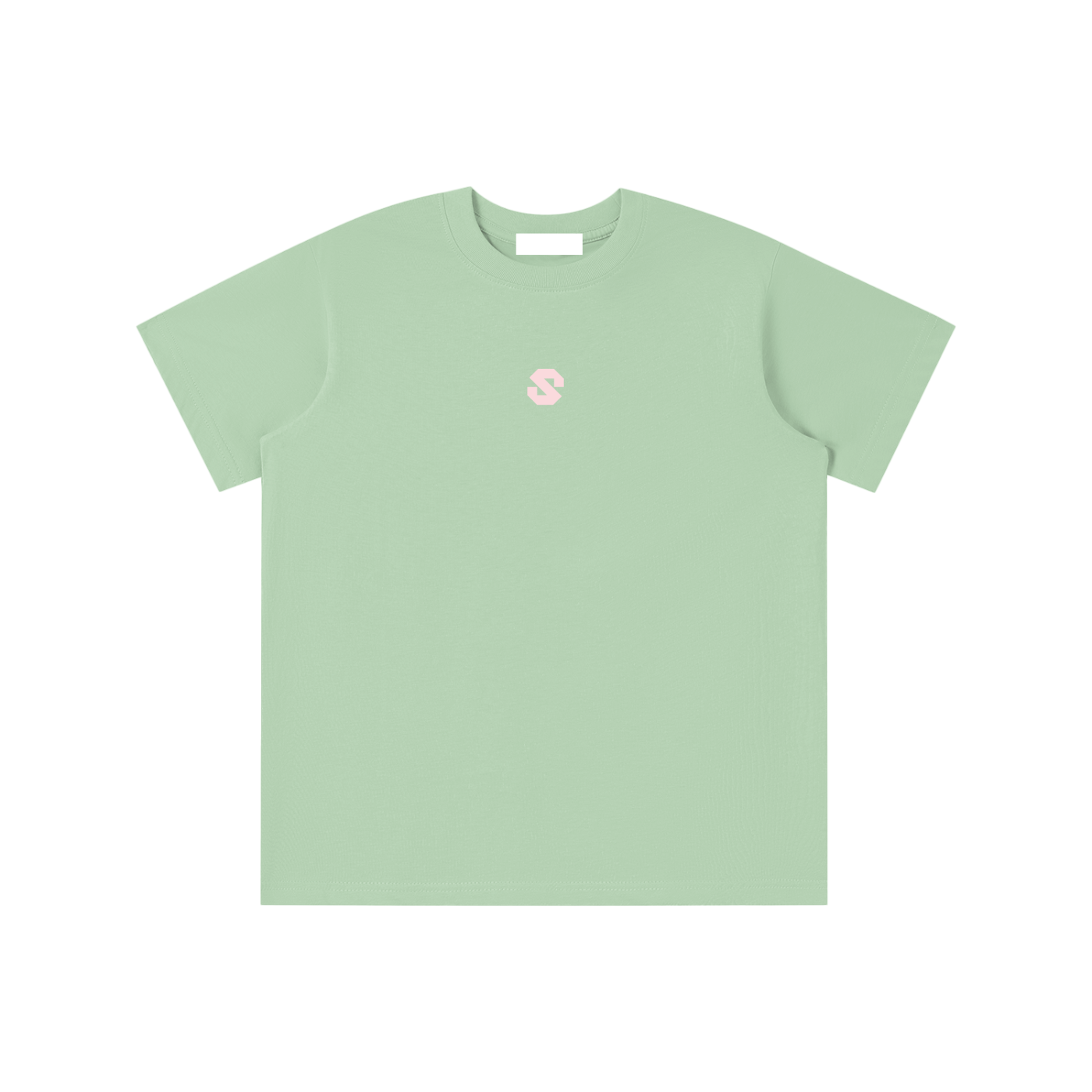 Light green t-shirt with a pink logo on a white background