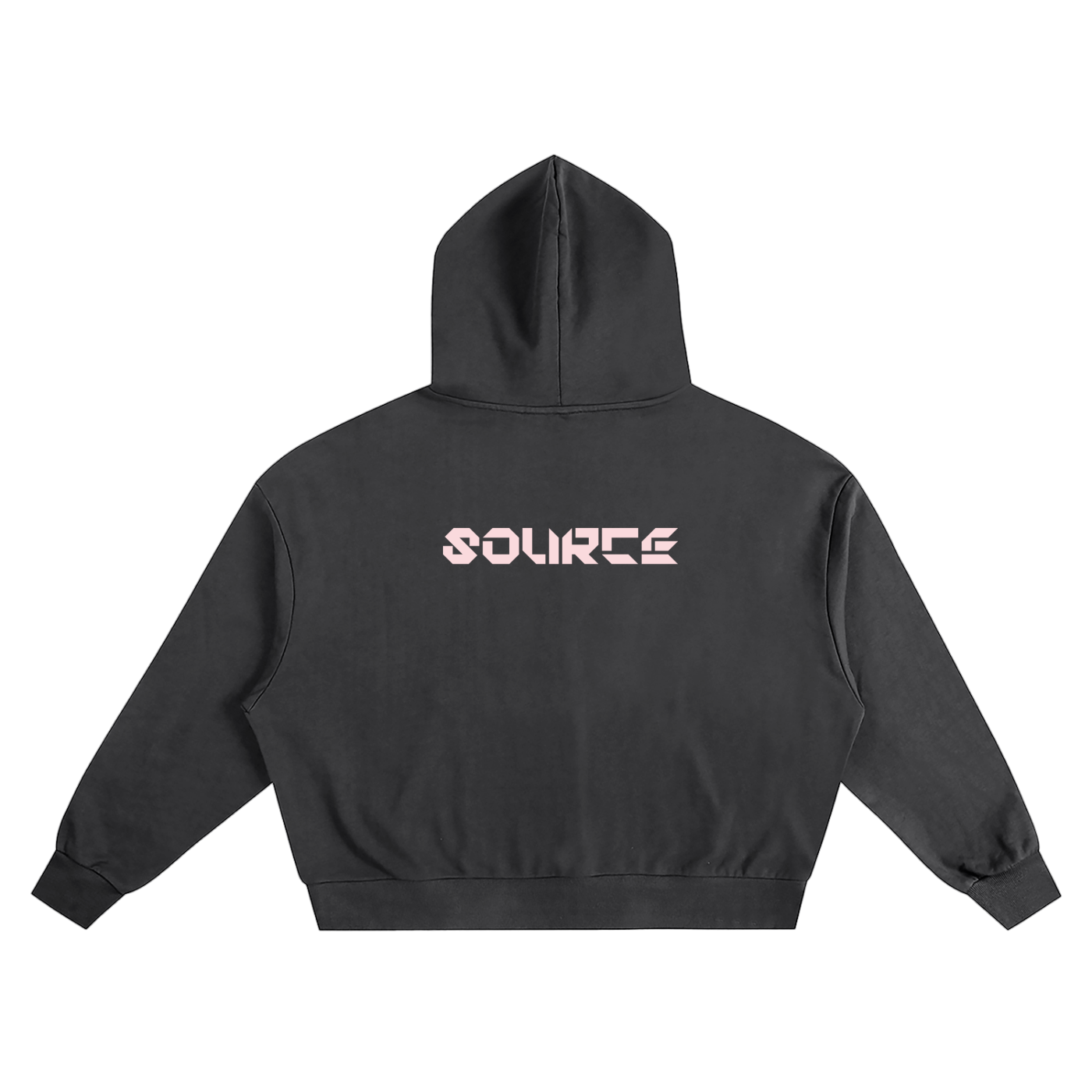 Black hoodie with 'SOURCE' logo on the back against a white background