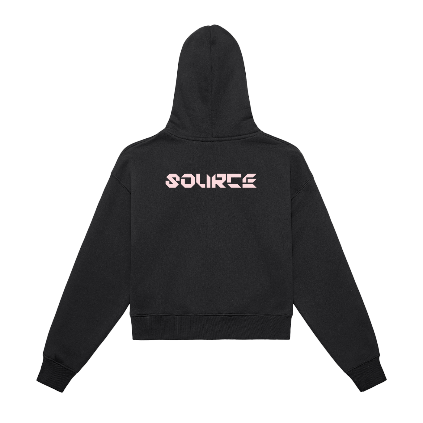 Black hoodie with 'SOURCE' logo on the back against a white background