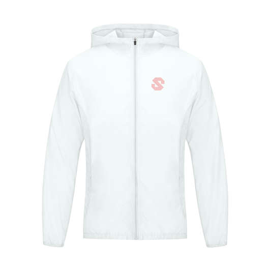 White hoodie with a small logo on the chest against a white background