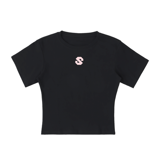 Black crop top with a small pink logo on a white background