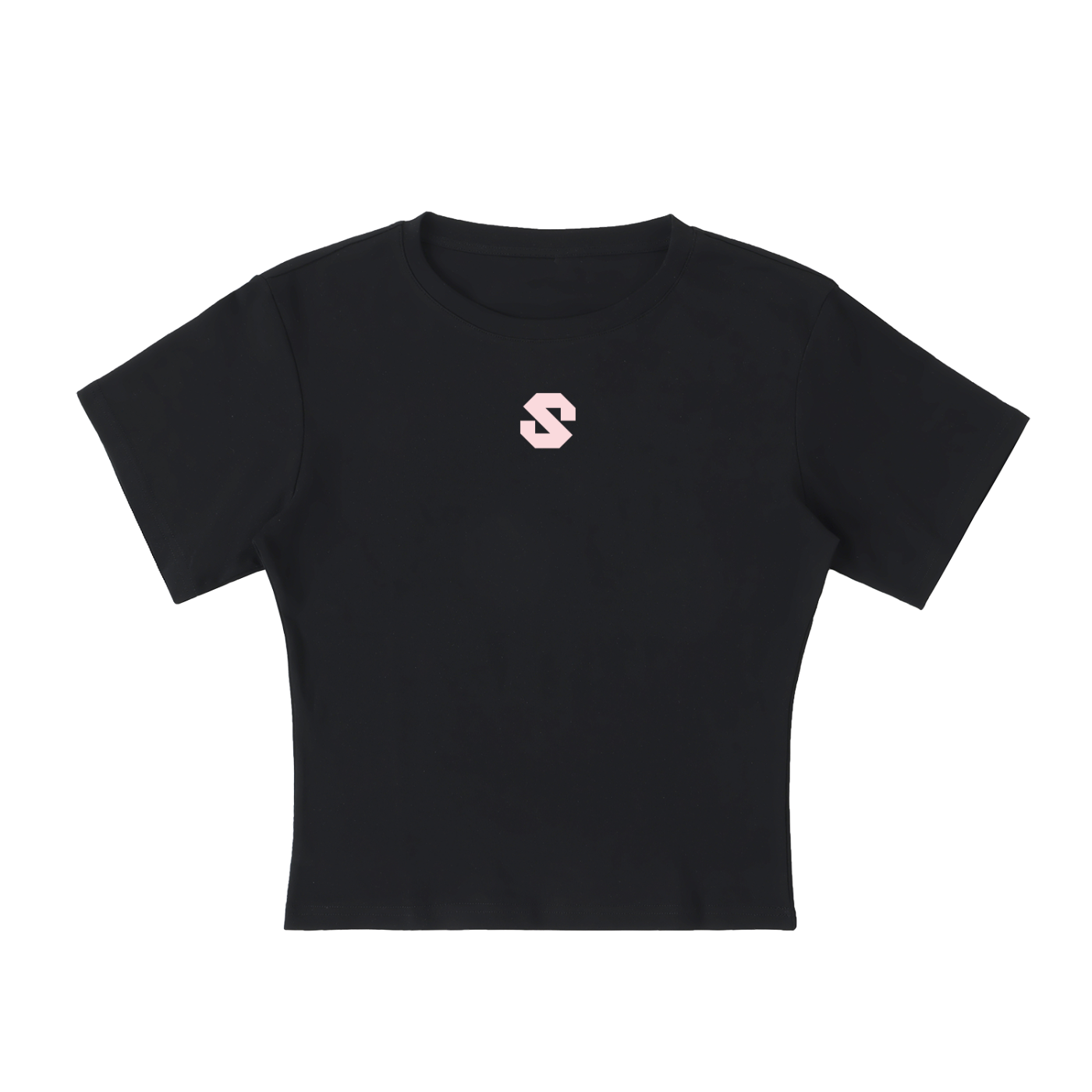 Black crop top with a small pink logo on a white background
