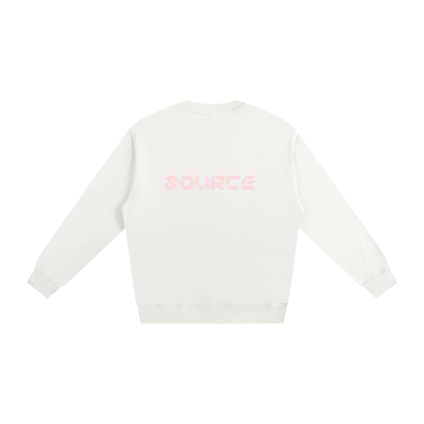 White sweatshirt with 'SOURCE' printed on the back against a white background