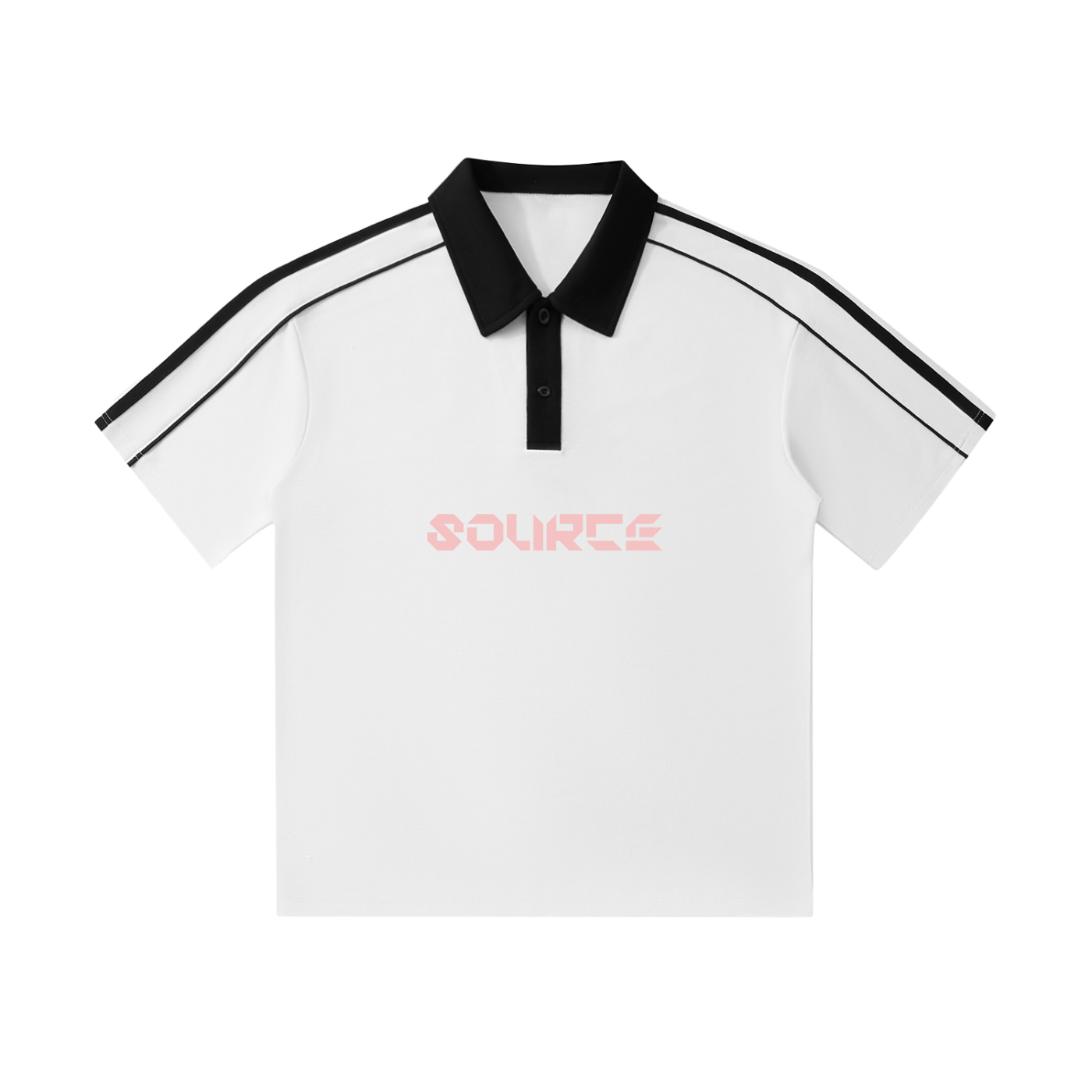 White polo shirt with black collar and trim, featuring 'SOURCE' logo on a white background