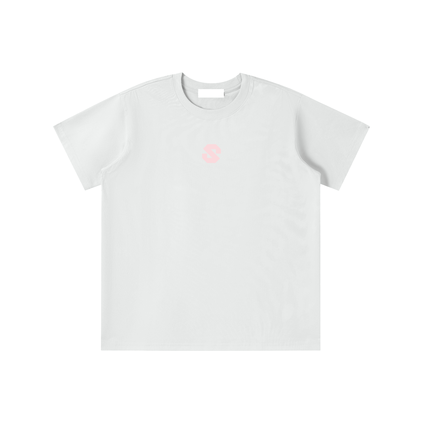 White t-shirt with a small logo on a white background