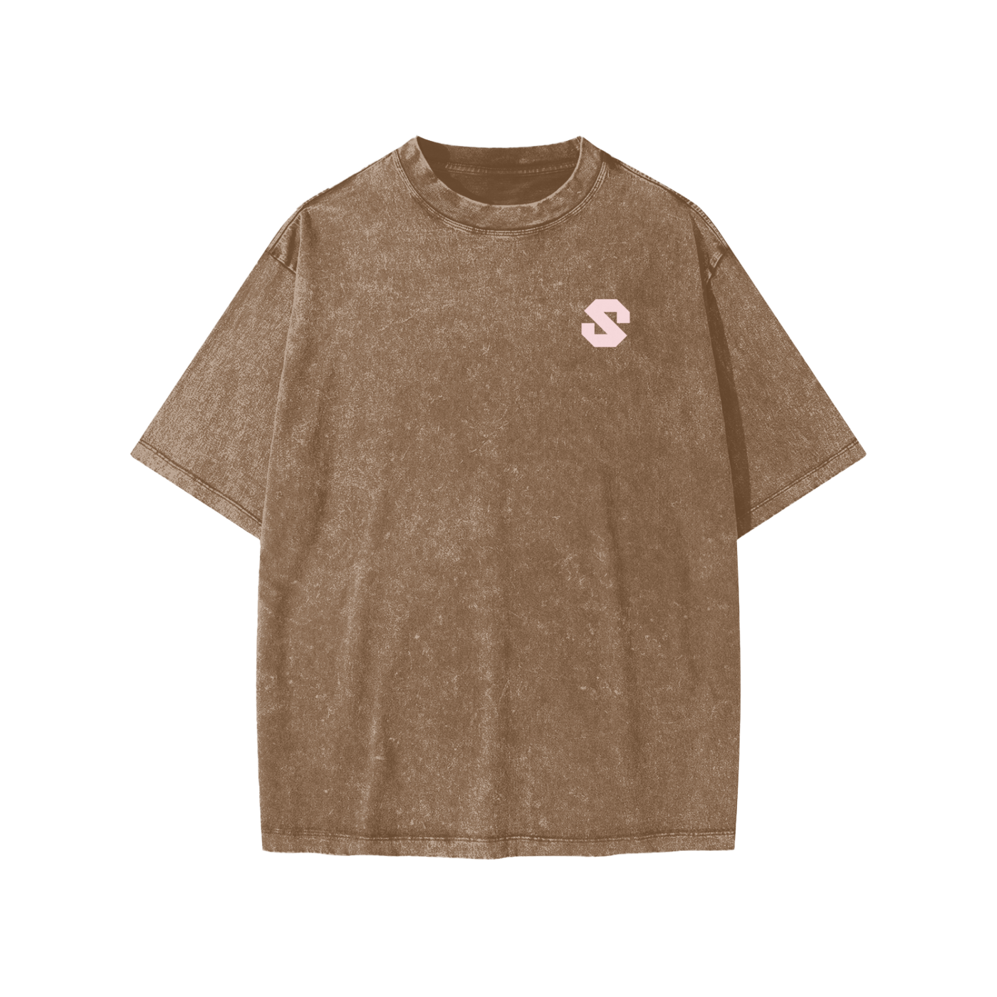 Brown t-shirt with a small logo on a white background