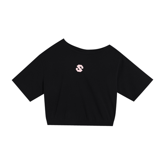 Black crop top with a small logo on a white background
