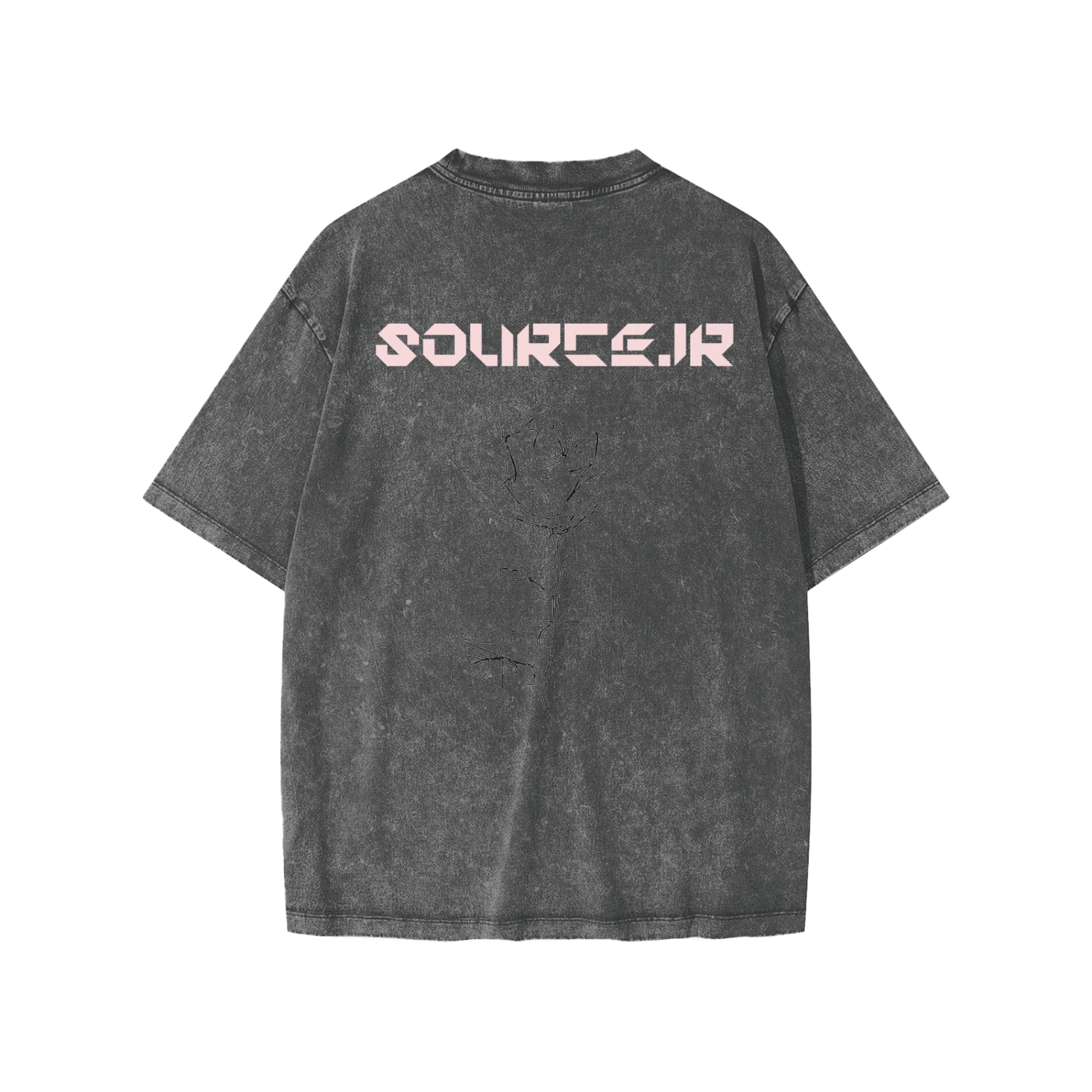 Gray t-shirt with 'SOURCE.JR' logo on the back against a white background