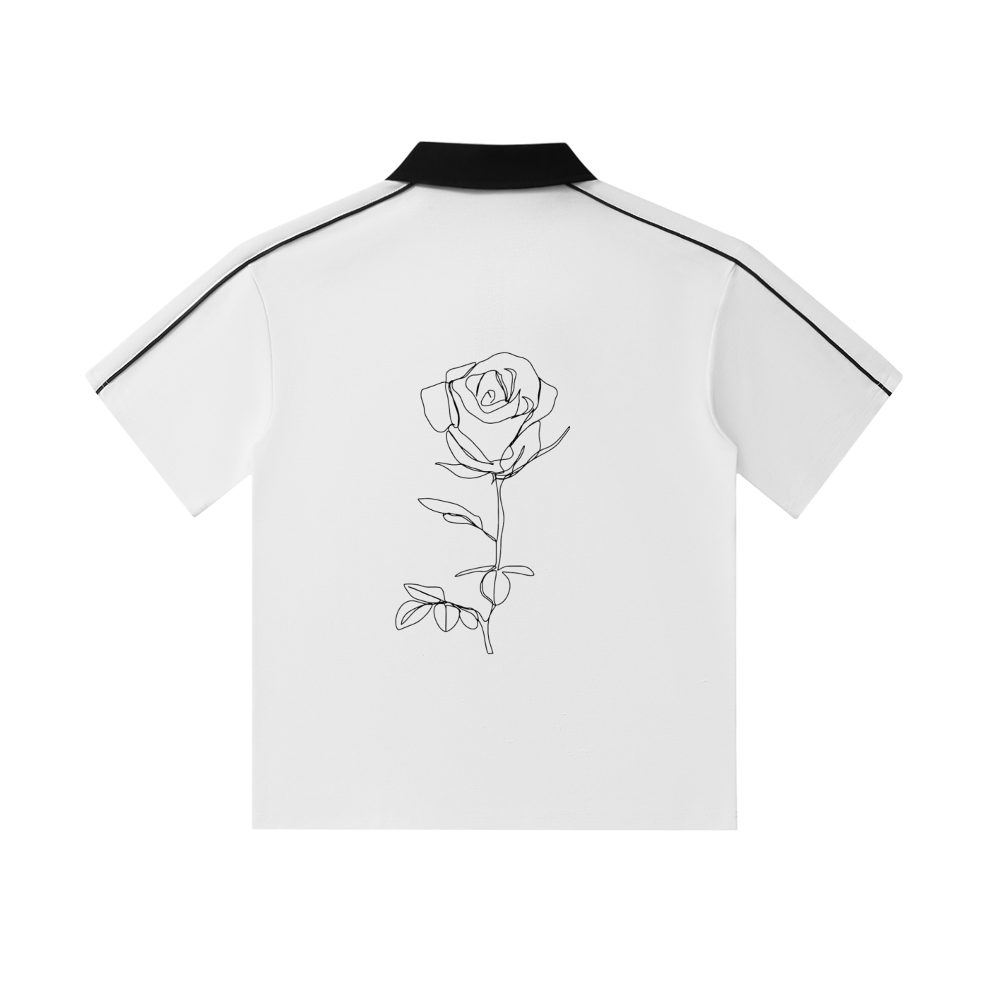 White shirt with black trim and a black rose design on a white background