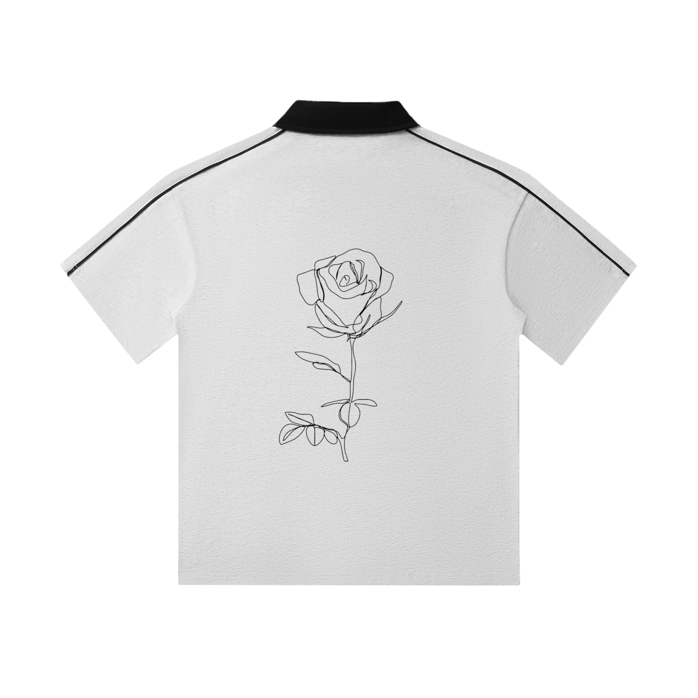 White shirt with black rose design on a white background