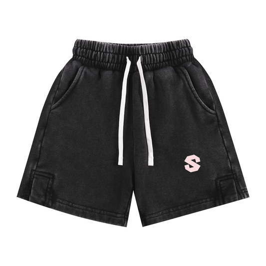 Black shorts with a logo on a white background